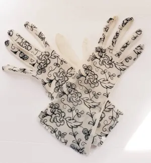 1950s Gloves Sheer Beige Black Floral Embroidery / 50s Ladies Evening Gloves Mid Length Dressy Party Romantic Girly Frilly / Pola