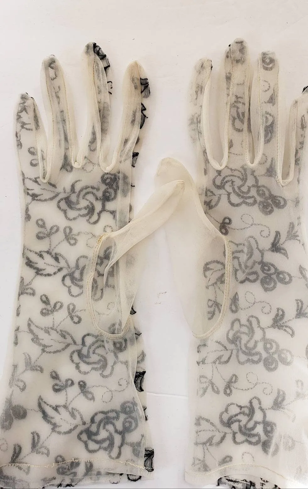 1950s Gloves Sheer Beige Black Floral Embroidery / 50s Ladies Evening Gloves Mid Length Dressy Party Romantic Girly Frilly / Pola