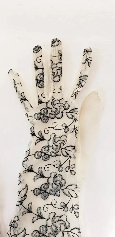 1950s Gloves Sheer Beige Black Floral Embroidery / 50s Ladies Evening Gloves Mid Length Dressy Party Romantic Girly Frilly / Pola