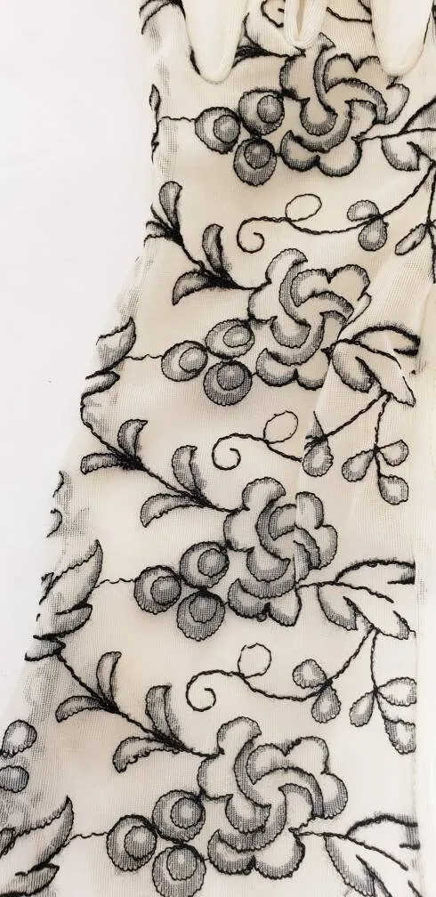 1950s Gloves Sheer Beige Black Floral Embroidery / 50s Ladies Evening Gloves Mid Length Dressy Party Romantic Girly Frilly / Pola