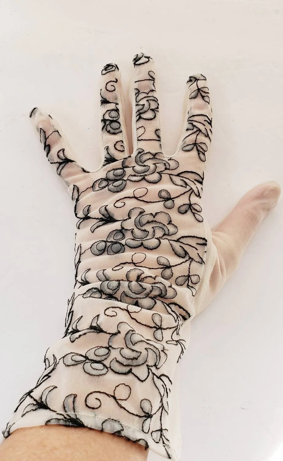 1950s Gloves Sheer Beige Black Floral Embroidery / 50s Ladies Evening Gloves Mid Length Dressy Party Romantic Girly Frilly / Pola