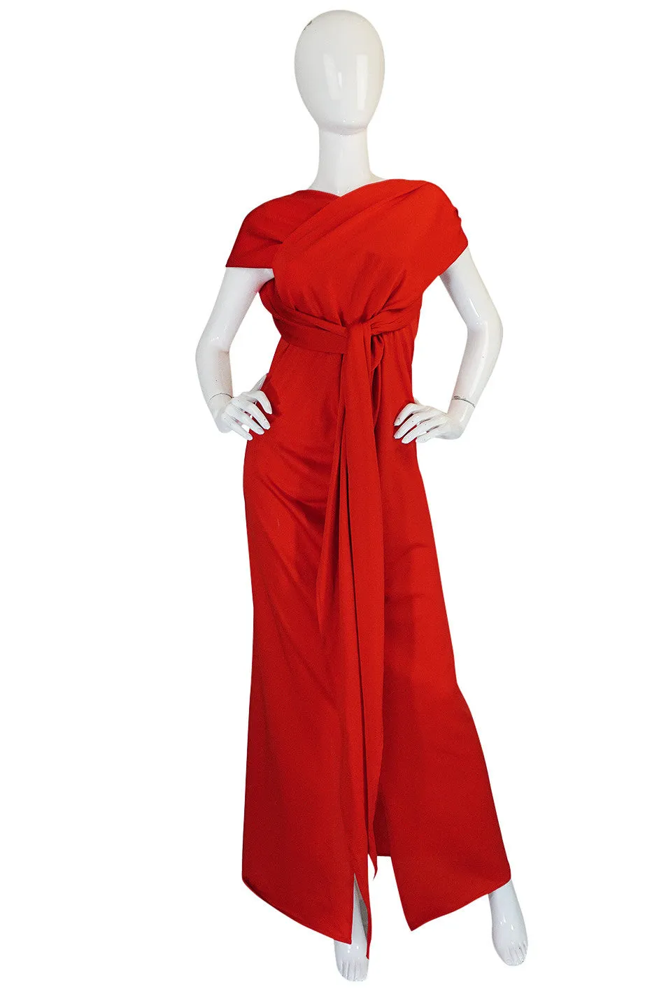 1970s Convertible Plunge & Tie Red Jersey Maxi Dress