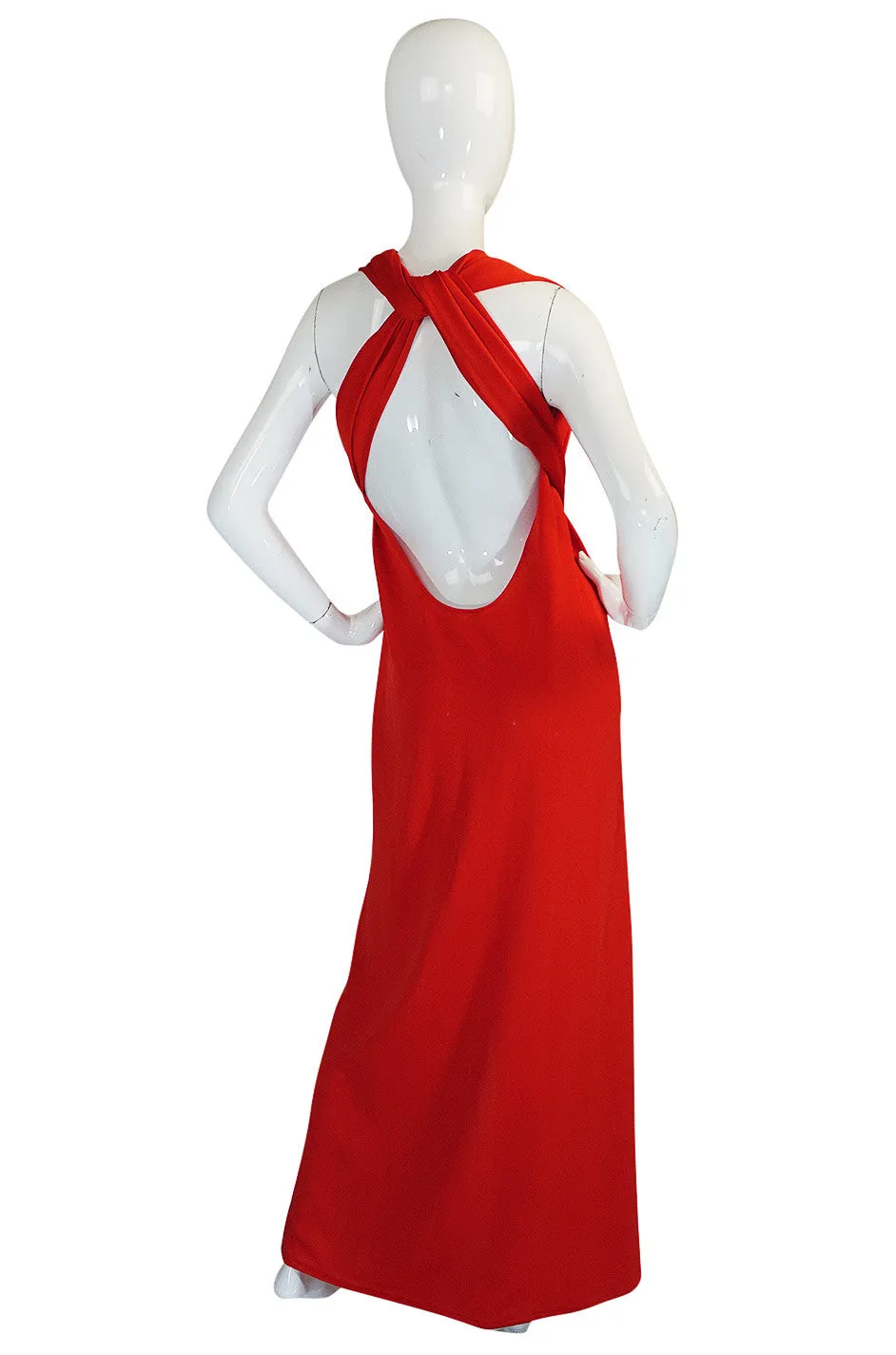 1970s Convertible Plunge & Tie Red Jersey Maxi Dress