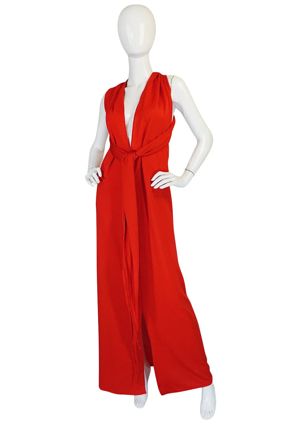 1970s Convertible Plunge & Tie Red Jersey Maxi Dress