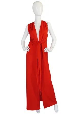 1970s Convertible Plunge & Tie Red Jersey Maxi Dress