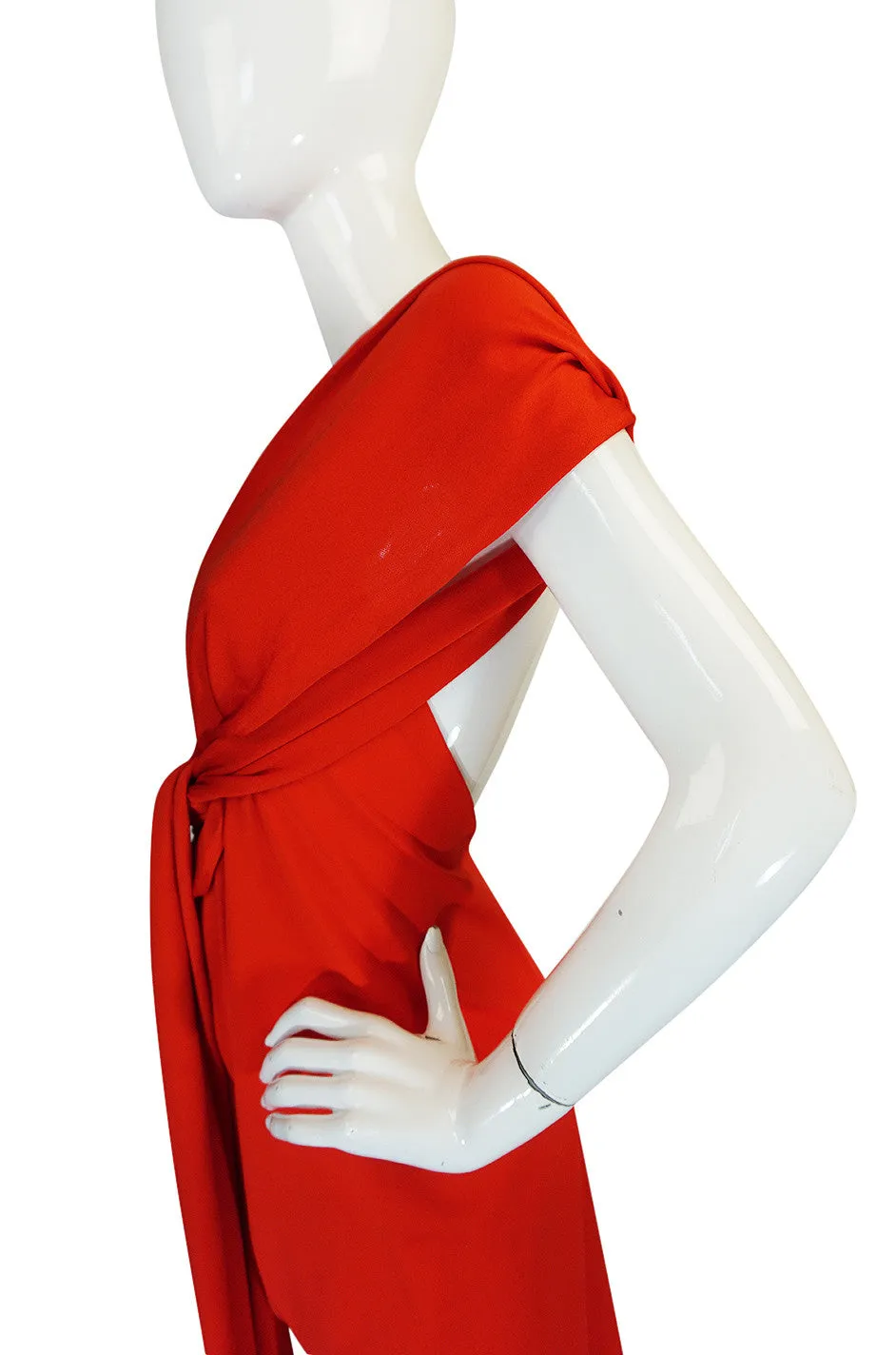 1970s Convertible Plunge & Tie Red Jersey Maxi Dress