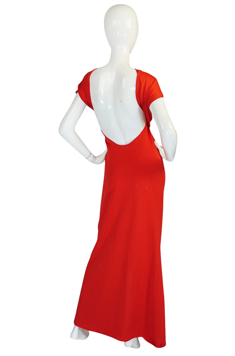 1970s Convertible Plunge & Tie Red Jersey Maxi Dress