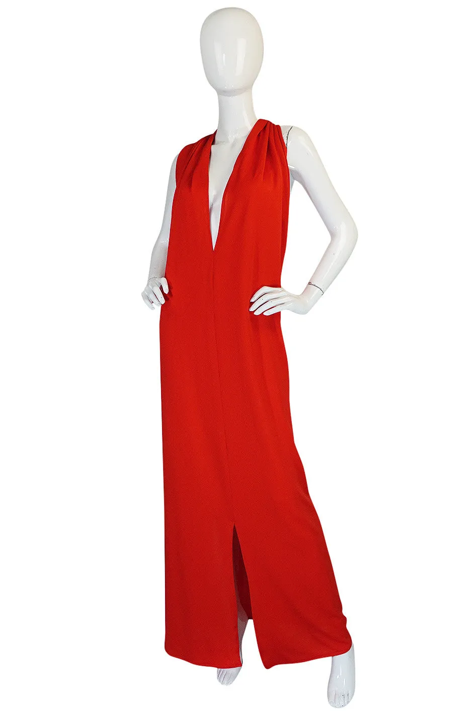 1970s Convertible Plunge & Tie Red Jersey Maxi Dress