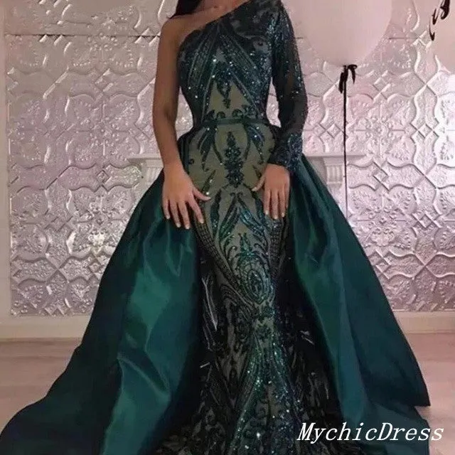 2025 Long Lace one Shoulder Prom Dresses Emerald Green UK Detachable Train
