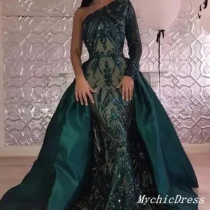 2025 Long Lace one Shoulder Prom Dresses Emerald Green UK Detachable Train