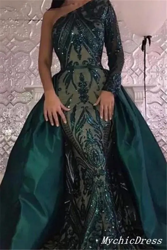 2025 Long Lace one Shoulder Prom Dresses Emerald Green UK Detachable Train