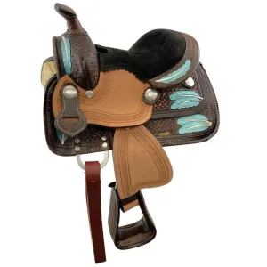 8" Double T Miniature Western Style Saddle - Painted Feather Tooling