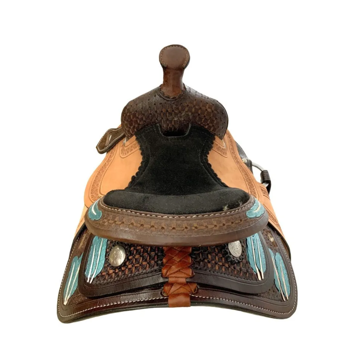 8" Double T Miniature Western Style Saddle - Painted Feather Tooling