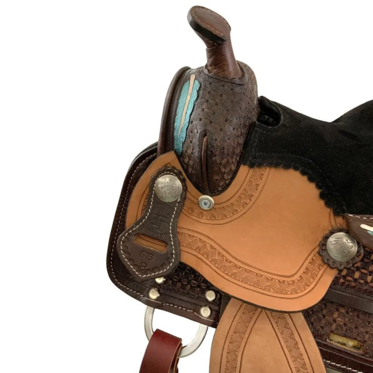 8" Double T Miniature Western Style Saddle - Painted Feather Tooling