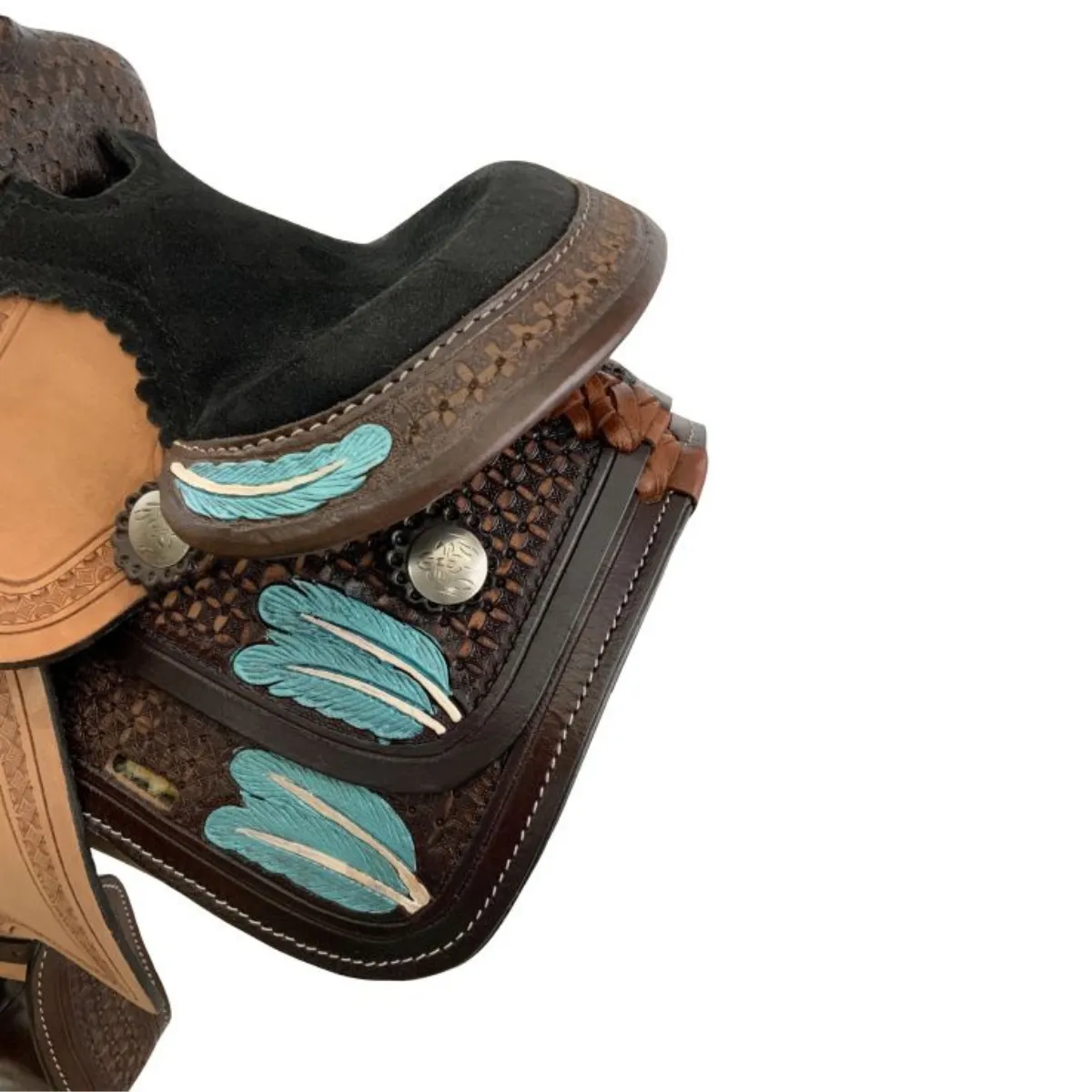 8" Double T Miniature Western Style Saddle - Painted Feather Tooling