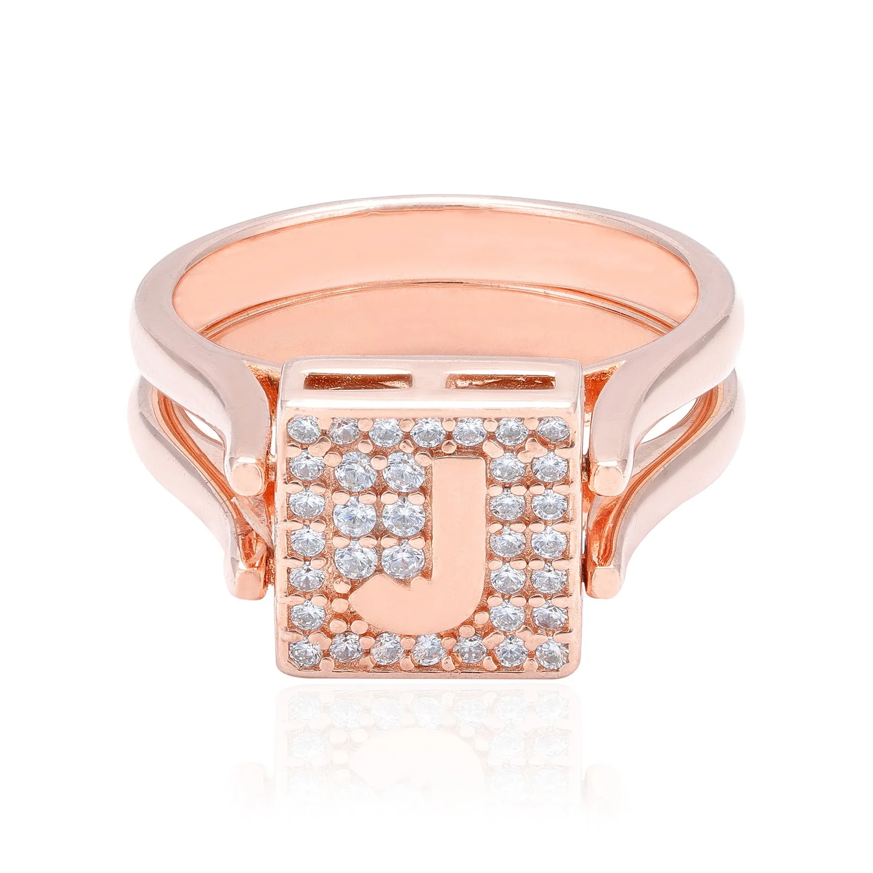 925 Sterling Silver Lasting Charm J Rose Gold Plated Convertible Ring for Women