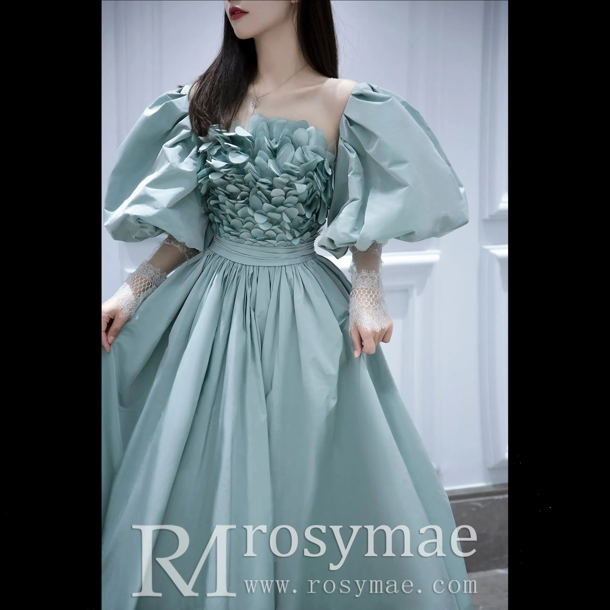 A-line Prom Dresses Party Gown with Detachable Lanter Sleeve