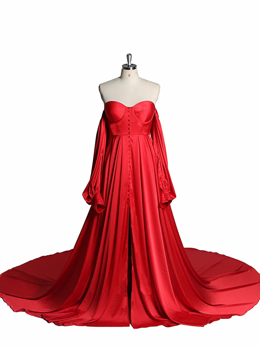 A-Line Satin Wedding Dress Lace Up Back Wedding Gown with Long Sleeves Photography Shoot Dresses YW220928
