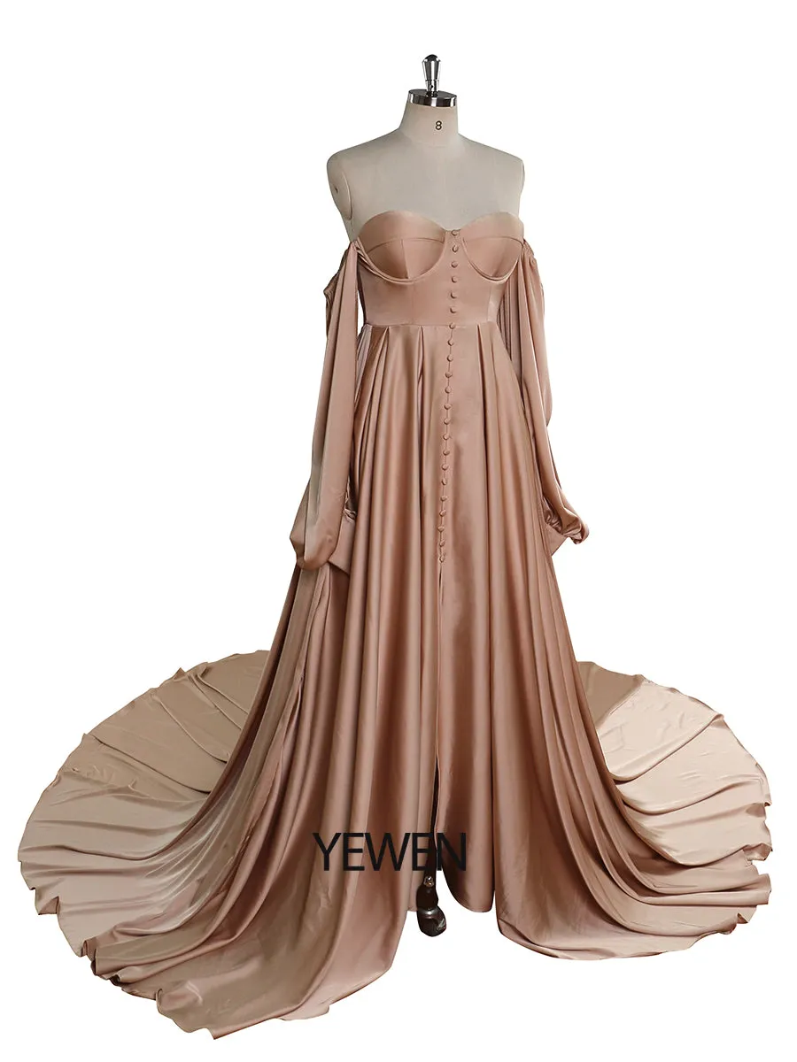 A-Line Satin Wedding Dress Lace Up Back Wedding Gown with Long Sleeves Photography Shoot Dresses YW220928