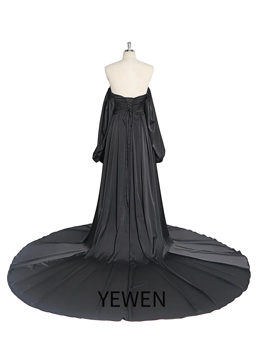 A-Line Satin Wedding Dress Lace Up Back Wedding Gown with Long Sleeves Photography Shoot Dresses YW220928