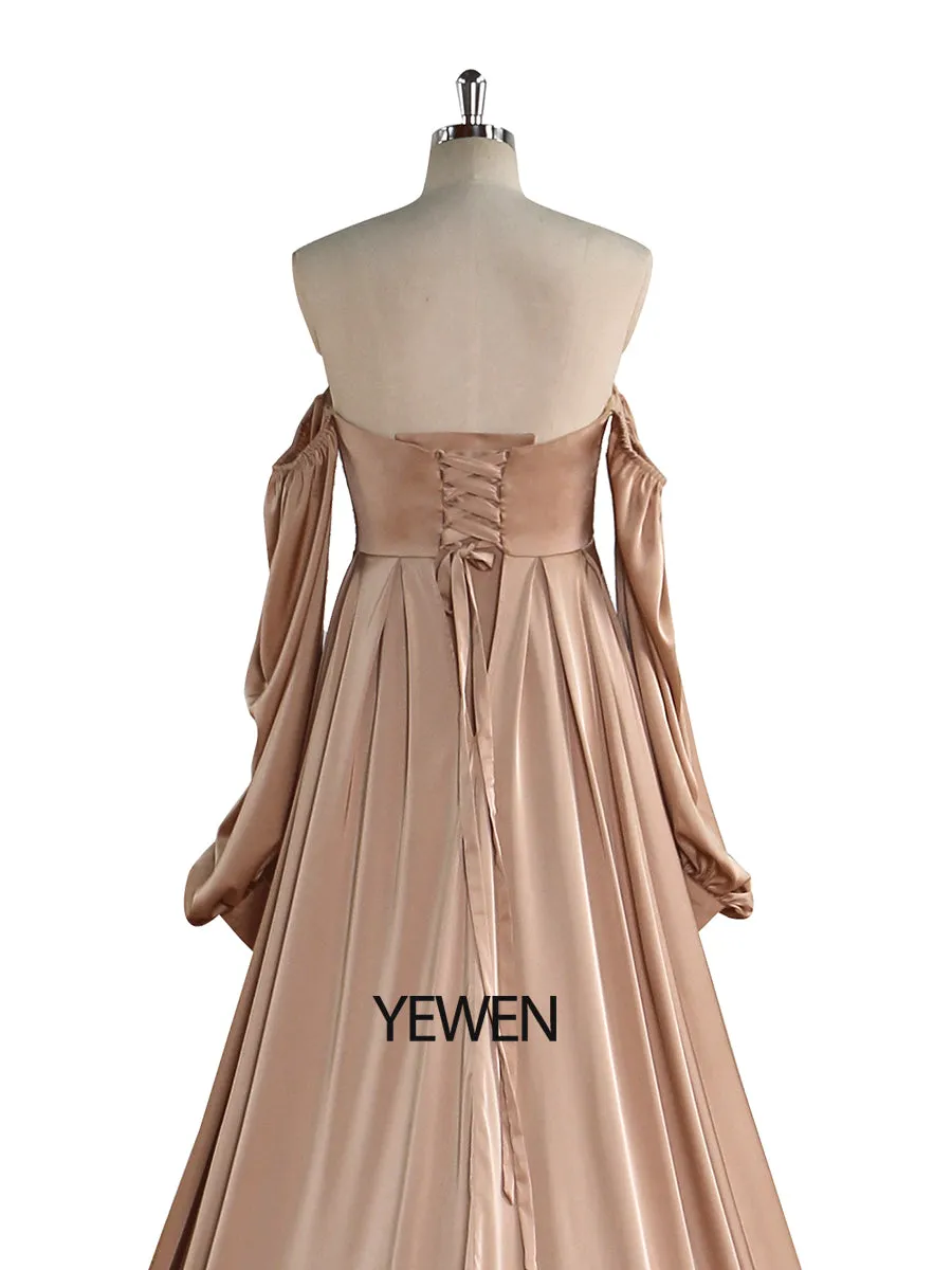 A-Line Satin Wedding Dress Lace Up Back Wedding Gown with Long Sleeves Photography Shoot Dresses YW220928