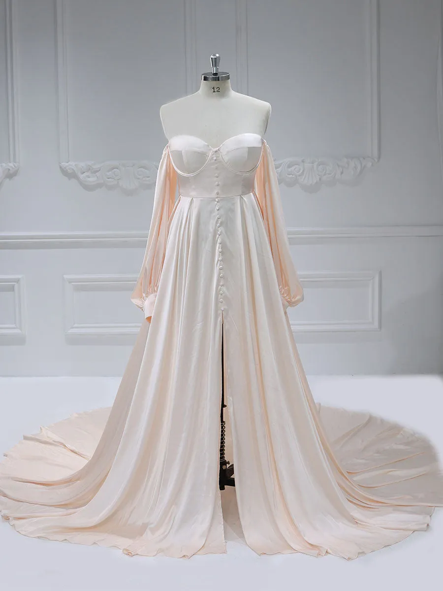 A-Line Satin Wedding Dress Lace Up Back Wedding Gown with Long Sleeves Photography Shoot Dresses YW220928