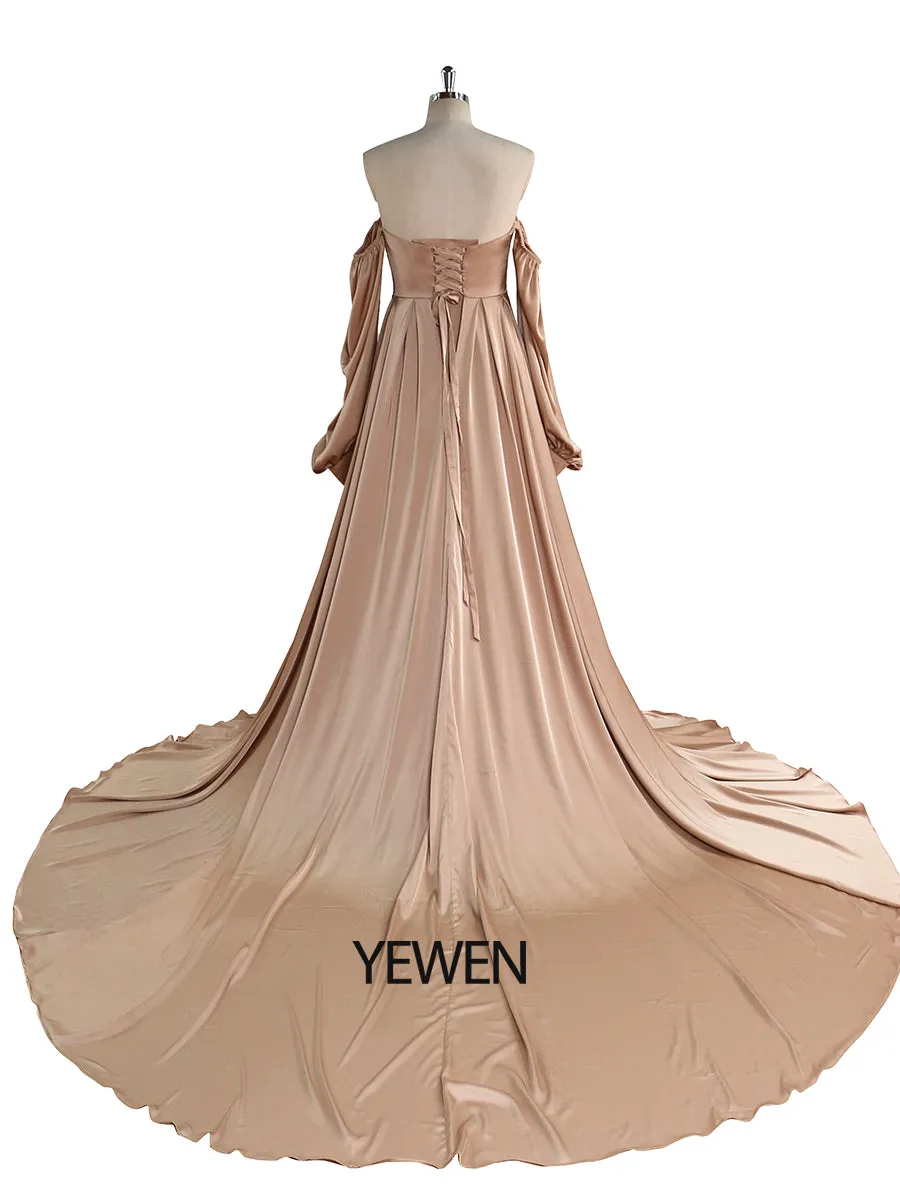 A-Line Satin Wedding Dress Lace Up Back Wedding Gown with Long Sleeves Photography Shoot Dresses YW220928