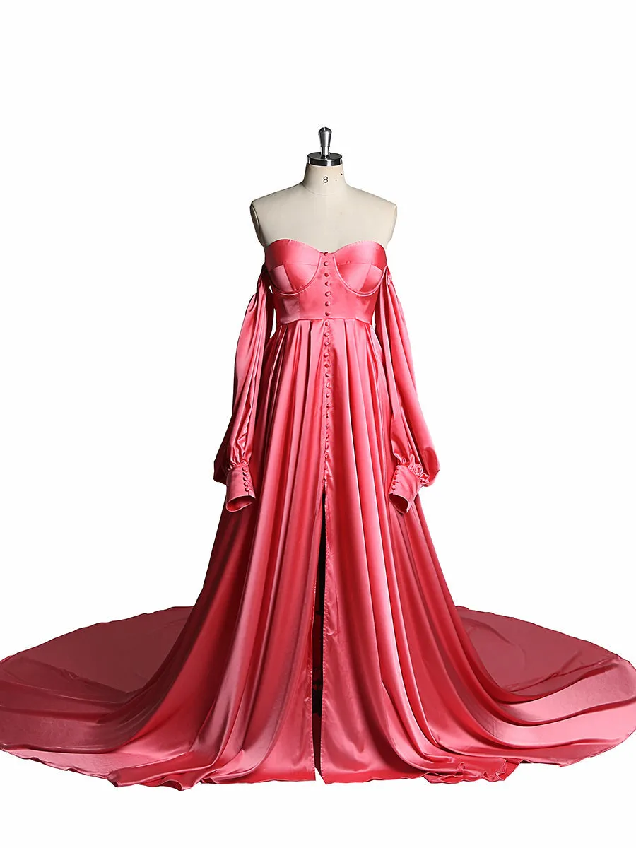 A-Line Satin Wedding Dress Lace Up Back Wedding Gown with Long Sleeves Photography Shoot Dresses YW220928