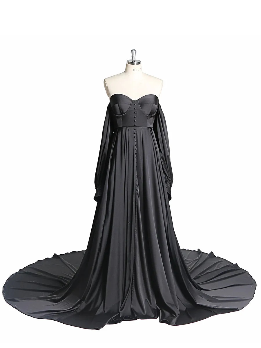 A-Line Satin Wedding Dress Lace Up Back Wedding Gown with Long Sleeves Photography Shoot Dresses YW220928