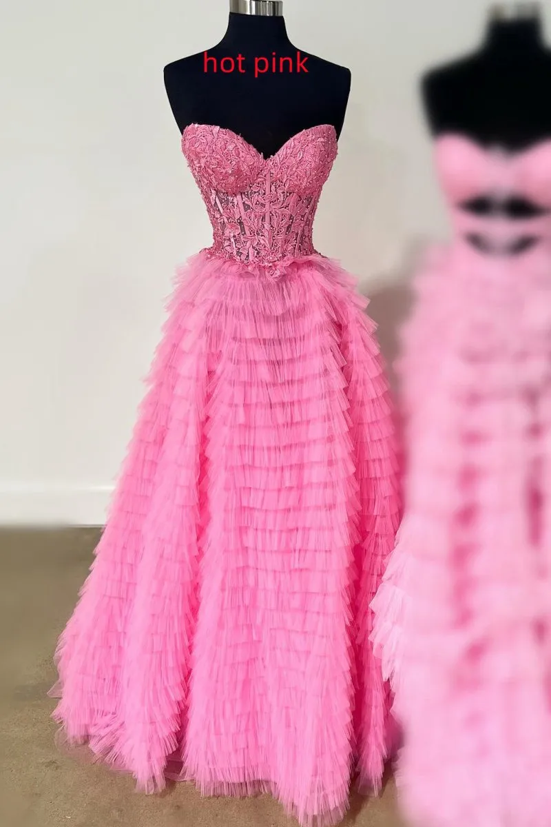 A-line Strapless Multi-Layers Tulle Prom Dresses with Slit