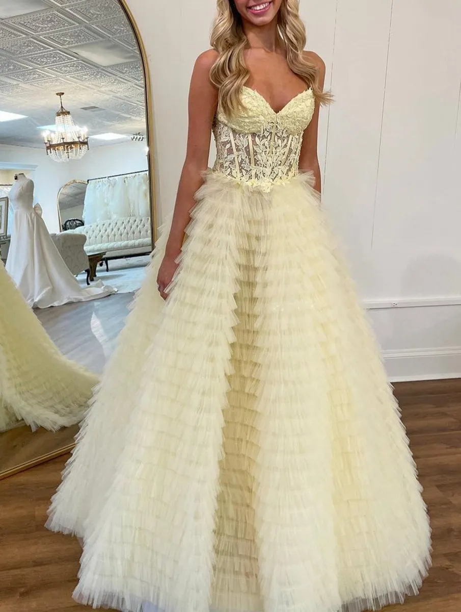 A-line Strapless Multi-Layers Tulle Prom Dresses with Slit