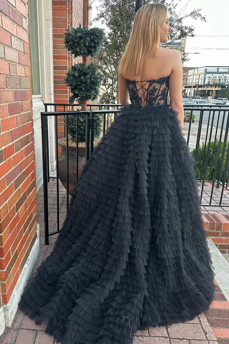 A-line Strapless Multi-Layers Tulle Prom Dresses with Slit