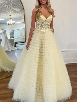 A-line Strapless Multi-Layers Tulle Prom Dresses with Slit
