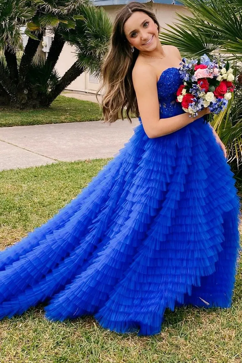 A-line Strapless Multi-Layers Tulle Prom Dresses with Slit