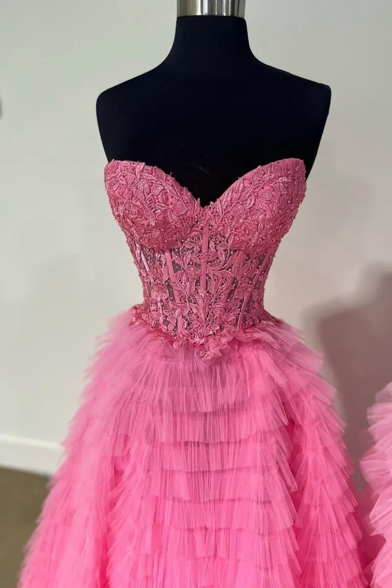 A-line Strapless Multi-Layers Tulle Prom Dresses with Slit