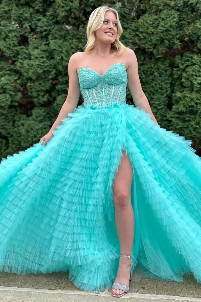 A-line Strapless Multi-Layers Tulle Prom Dresses with Slit