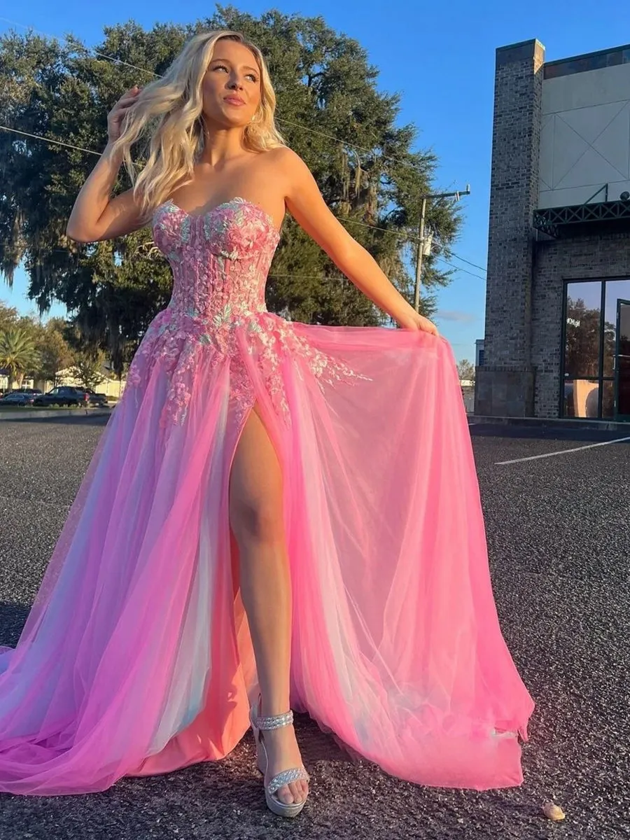 A-line Sweetheart Applique Lace Long Prom Dresses with Slit