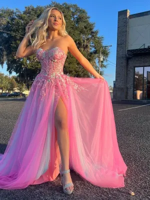 A-line Sweetheart Applique Lace Long Prom Dresses with Slit