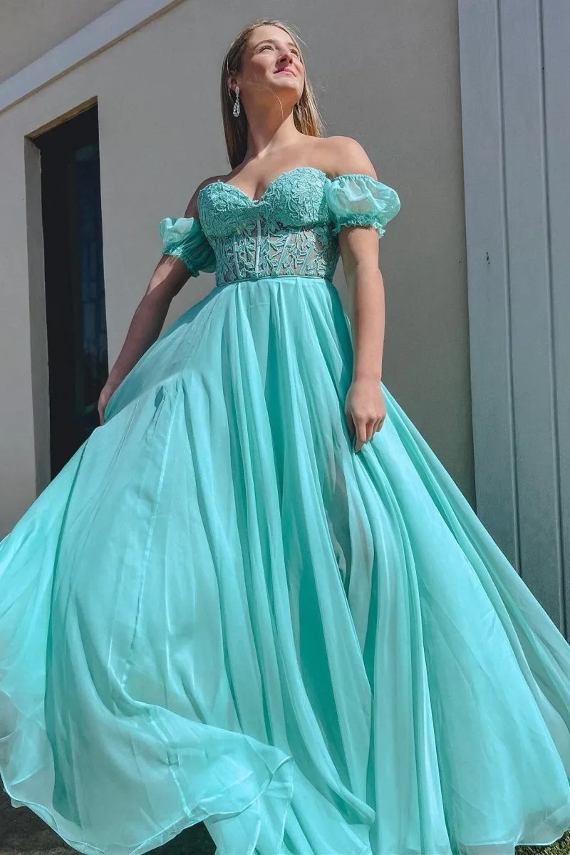 A-line Sweetheart Chiffon Prom Dresses with Puff Sleeves