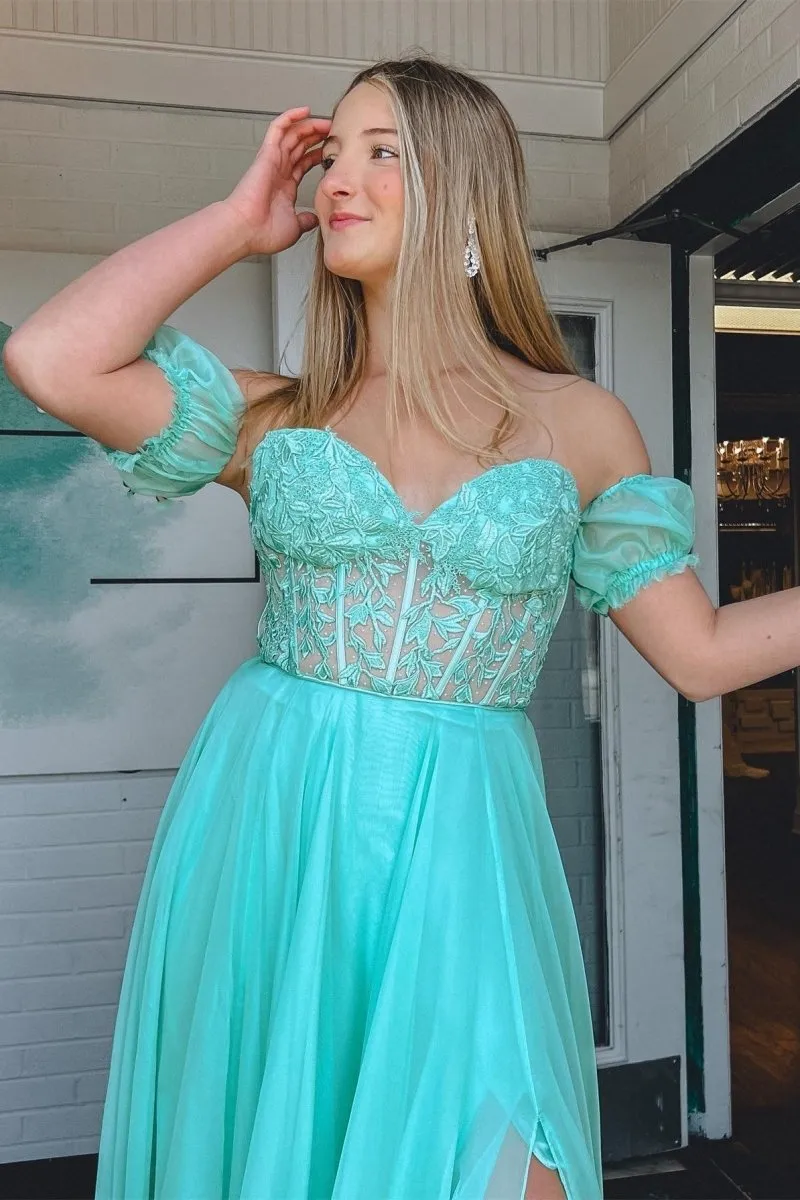 A-line Sweetheart Chiffon Prom Dresses with Puff Sleeves