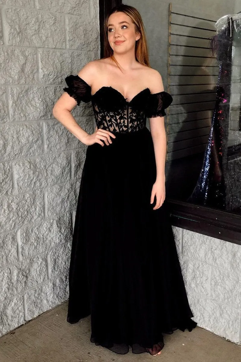 A-line Sweetheart Chiffon Prom Dresses with Puff Sleeves