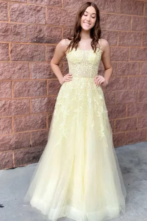 A-line Tulle Applique Lace-Up Prom Dresses