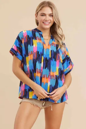 Abstract Print Top W/Slit Neck, Short Dolman Sleeves