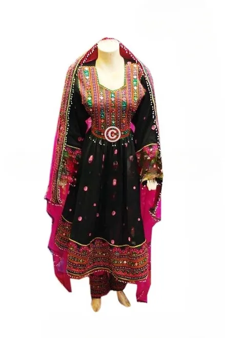 Afghani Bridal Black Dress With Pink Dupatta