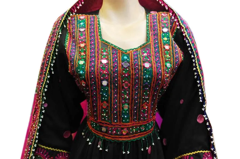 Afghani Bridal Black Dress With Pink Dupatta