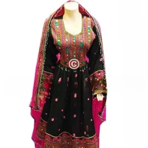 Afghani Bridal Black Dress With Pink Dupatta