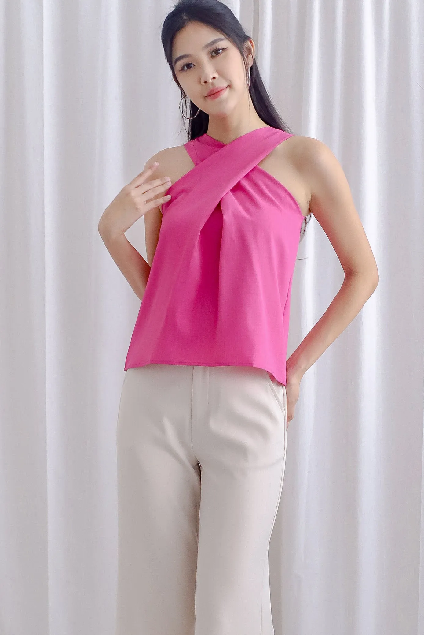 Aggie Cross Overlap Top In Hot Pink
