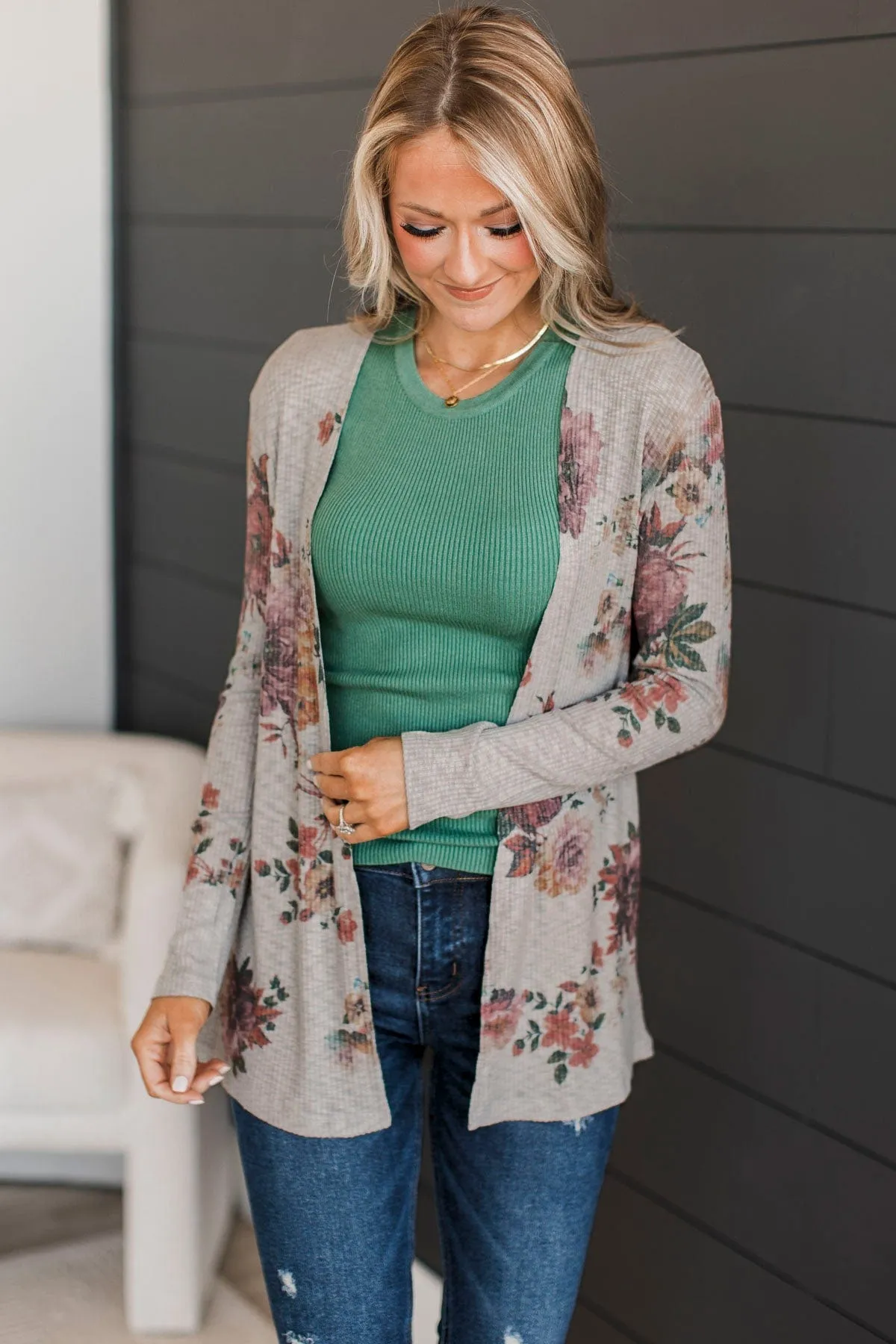 All My Favorite Things Floral Cardigan- Grey