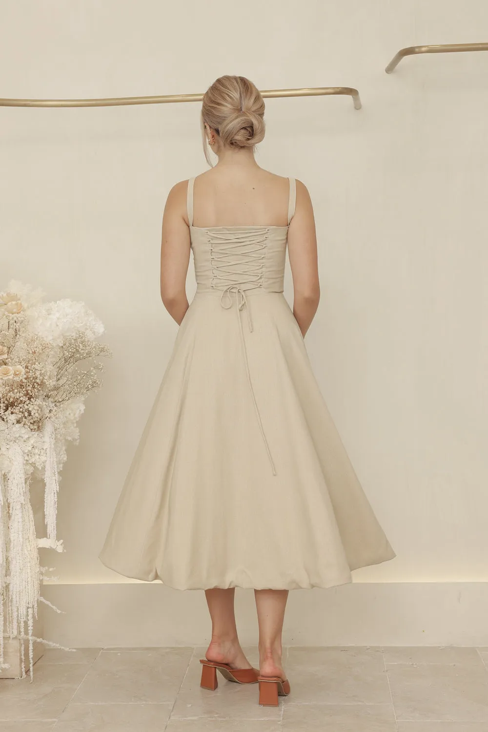AMOUR Strappy Corset Style Midi Dress with Lace Up Back Detail (Nude Linen)