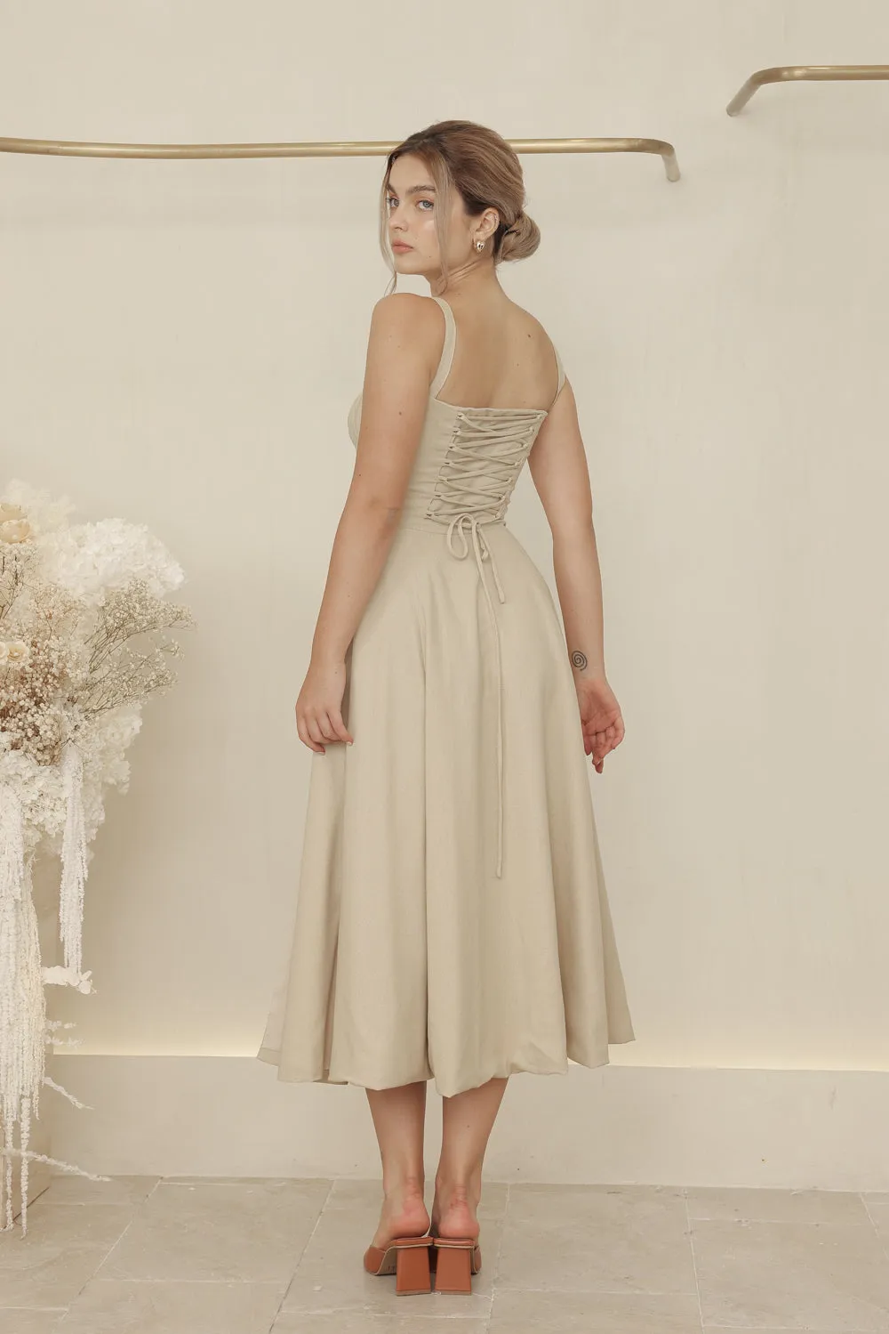 AMOUR Strappy Corset Style Midi Dress with Lace Up Back Detail (Nude Linen)
